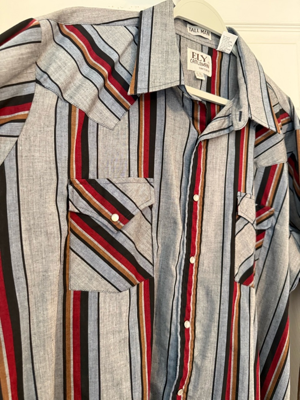 ELY Cattleman Western Shirt Men XL Tall Pearl Snap Striped Gray Red Vintage - Picture 7 of 14
